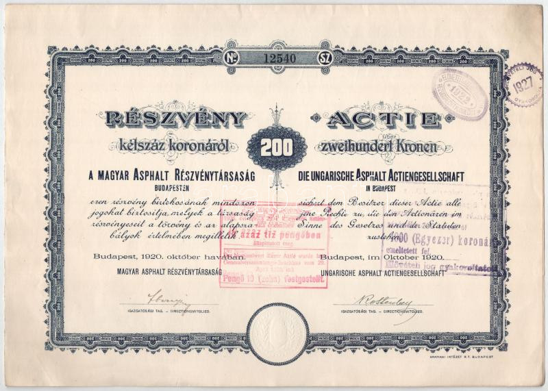 Budapest 1920. 'Magyar Asphalt Részvénytársaság' részvénye 200K-ról, magyar és német nyelven, szelvények nélkül, szárazpecséttel, felülbélyegzésekkel (3x) sorszámkövetők T:XF - Image 4