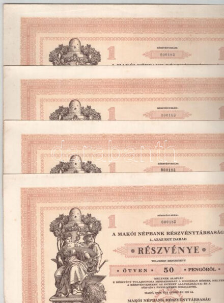 Makó 1929. 'Makói Népbank Részvénytársaság' részvénye 50P-ről szelvényekkel, szárazpecséttel (4x) sorszámkövetők T:AU fo.