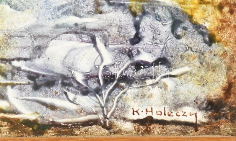 K. Holéczy Etus (-): Absztrakt formák. Festett csempe. Jelzett. Fakeretben. 14,5x29,5 cm - Image 2