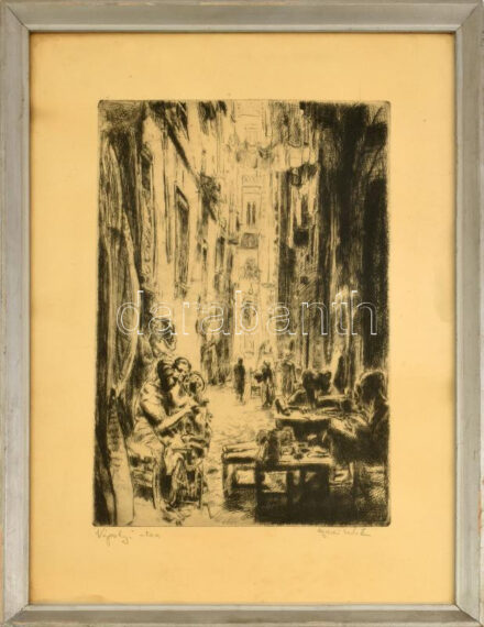 Aszódi Weil Erzsébet (1901-1976): Nápolyi utca. Rézkarc, papír, jelzett, üvegezett fakeretben, 33×24 cm