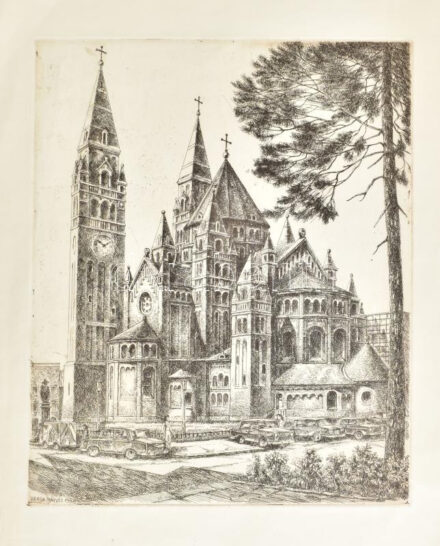 Varga Mátyás (1910-2002): Szeged, 1985. Rézkarc, papír, jelzett a karcon, lapszéli kisebb szakadással, rézkarc ép, 29x24 cm