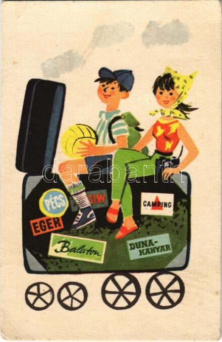 Rendszeres takarékoskodás - vidám, gondtalan nyaralás. Képzőművészeti Alap Kiadóvállalat / Hungarian socialist propaganda (EK)