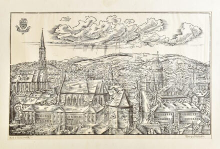 Varga Mátyás (1910-2002): Kolozsvár, 1944. Fametszet, papír, jelzett, paszpartuban, 33×58 cm