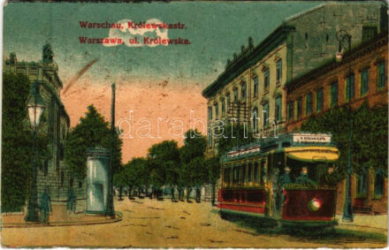 1916 Warszawa, Varsovie, Warschau, Warsaw; Królewskastr. / ul. Królewska / street view, tram + 'Postsammelstelle k.u.k. Kriegsspital in Brünn Militärpflege' (EK)