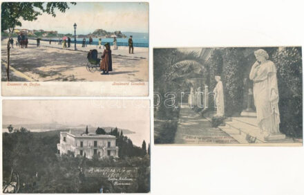 Erzsébet királyné (Sissi) Korfu szigeti nyári palotája és a róla elnevezett sugárút régi képeslapokon / Summer palace of Empress Elisabeth of Austria (Sisi) in Corfu and the Boulevard named after her - 3 db RÉGI képeslap / 3 pre-1945