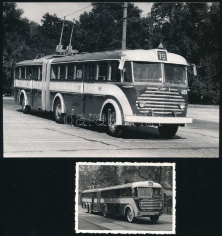 cca 1950-1970 Bp., FVV Ikarus 60T trolibusz, 2 db fotó + Dunai sétahajók az Erzsébet hídnál, 2 db fotó, 8,5x6 cm és 18x13 cm méretben