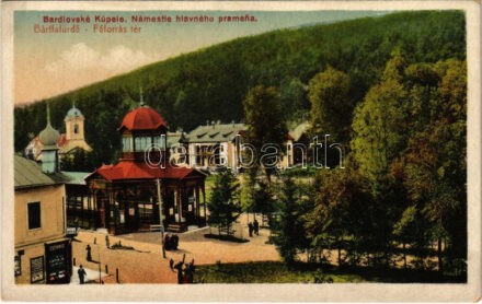 Bártfa, Bártfafürdő, Bardejovské Kúpele, Bardiov, Bardejov; Főforrás tér, Eschwig üzlete. Eschwig és Hajts kiadása, Hajts Kornél felvétele / spa, main spring, square, shops