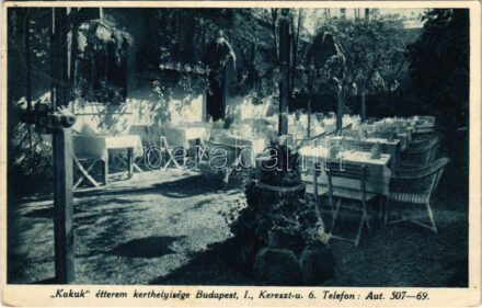Budapest I. Tabán, Kakuk étterem kerthelyisége. Kereszt utca 6. (Rb)