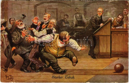 Starker Tobak / Strong Tobacco. Bowling alley, sport humour art postcard. T.S.N. Serie 2066 (5 Dess.) s: Arthur Thiele (EB)