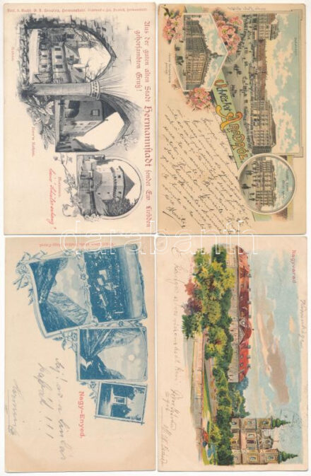 8 db RÉGI hosszú címzéses erdélyi szecessziós és néhány litho képeslap vegyes minőségben: Arad, Nagyszeben, Nagyvárad, Nagyenyed, Marilla, Herkulesfürdő, Kolozsvár / 8 pre-1900 Transylvanian Vorläufer Art Nouveau and some litho