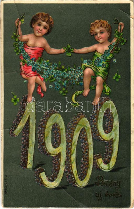 1909 Boldog Újévet! / New Year greeting art postcard with clovers. Floral, litho (fa)