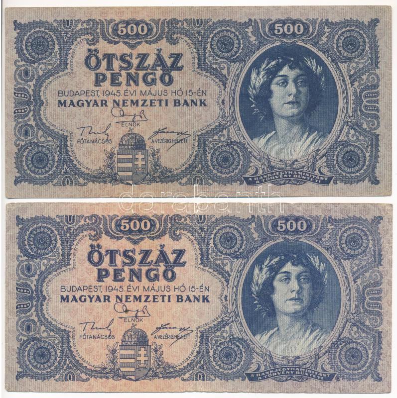 1945. 500P (2xklf) az egyiken magyar 'N' betű orosz 'P' helyett T:F,VG kis szakadás, folt Adamo P19, P19h