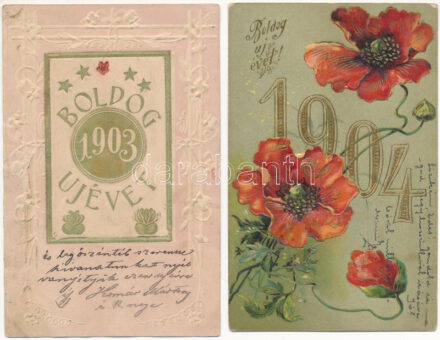 4 db RÉGI (1905 előtti) dombornyomott szecessziós litho újévi üdvözlőlap / 4 pre-1905 Art Nouveau Emb. litho New Year greeting art postcards
