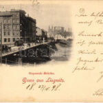 1898 (Vorläufer) Legnica, Liegnitz; Nepomuk Brücke, Apotheke. Verlag C. Billig / bridge, tram, pharmacy