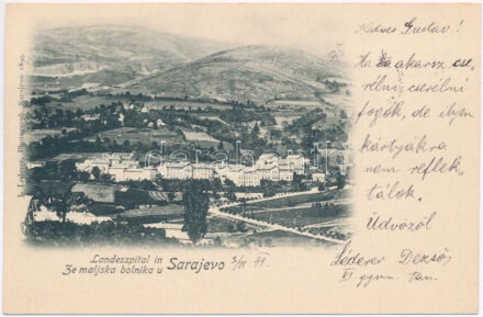 1898 (Vorläufer) Sarajevo, Landesspital in ze maljska bolniku / hospital + 'K. und K. Milit. Post XXXII. Sarajevo'
