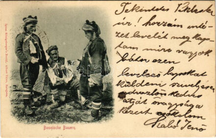 1898 (Vorläufer) Bosnische Bauern. Ignaz Königsberger's Nachf. Albert Thier / Bosnyák népviselet / Bosnian folklore + 'K. und K. Milit. Post XVI Bjelina' (EK)