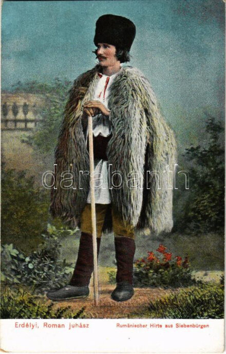 Erdélyi román juhász, folklór, népviselet. Wertheim Zsigmond kiadása / Rumänischer Hirte aus Siebenbürgen / Transylvanian folklore, Romanian shepherd, folk costumes