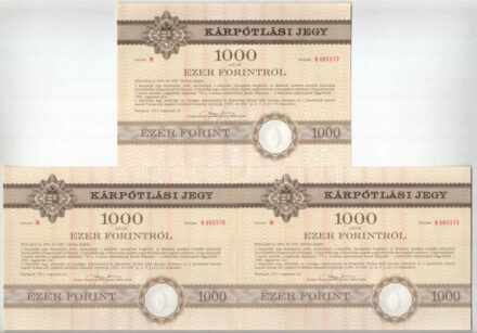 Budapest 1991. 'Országos Kárrendezési és Kárpótlási Hivatal' kárpótlási jegye 1000Ft-ról (3x), 'R' sorozat, sorszámkövetők '0405376 - 0405378', szárazpecséttel T:AU