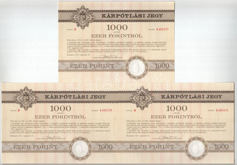 Budapest 1991. 'Országos Kárrendezési és Kárpótlási Hivatal' kárpótlási jegye 1000Ft-ról (3x), 'R' sorozat, sorszámkövetők '0405376 - 0405378', szárazpecséttel T:AU
