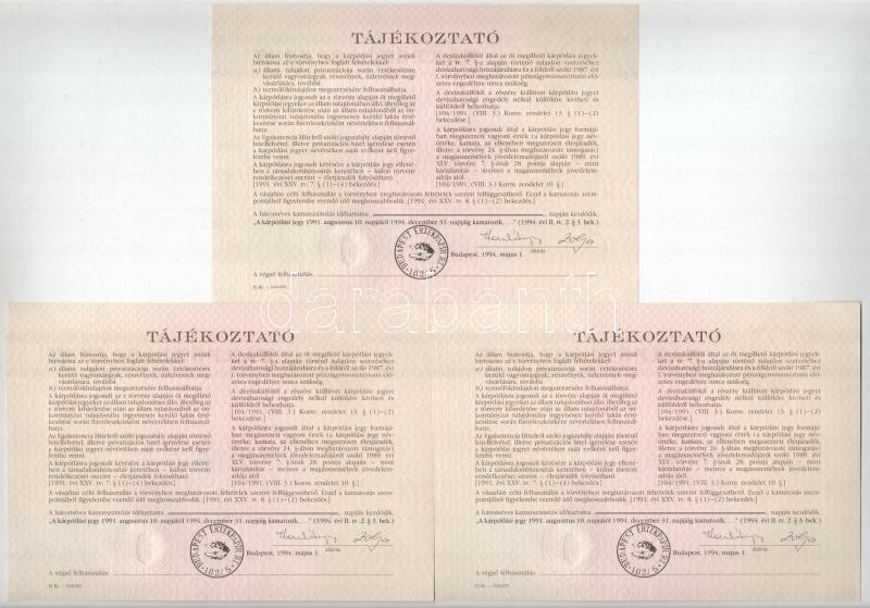 Budapest 1991. 'Országos Kárrendezési és Kárpótlási Hivatal' kárpótlási jegye 1000Ft-ról (3x), 'R' sorozat, sorszámkövetők '0405376 - 0405378', szárazpecséttel T:AU - Image 2