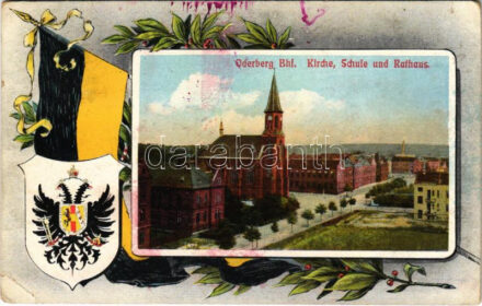 1916 Bohumín, Oderberg; Kirche, Schule und Rathaus / church, school and town hall. Art Nouveau frame with Austro-Hungarian flag and coat of arms (EK)