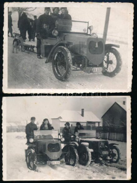 1935 Eger - Egerbakta környéke, katona lányok társaságában, speciális automobilokkal (hómobil?); 2 db fotó, a hátoldalon feliratozva, 8,5x6 cm
