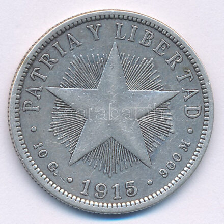 Kuba 1915. 40c Ag T:VF,F ph. Cuba 1915. 40 Centavos Ag C:VF,F edge error Krause KM#14.2