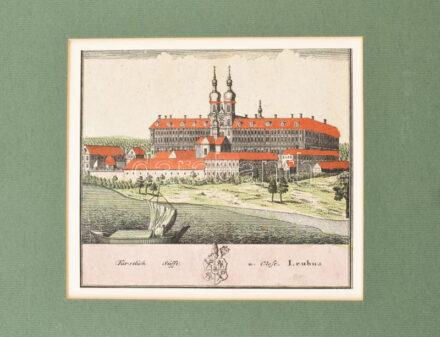 Stift Leubus, Odera menti cisztercita kolostor látképe. Színezett rézmetszet, papír. Üvegezett, sérült fakeretben. 13,5x15,5 cm / Lubiaz, Odera (Poland), abbey. Coloured engraving on paper. In damaged frame.