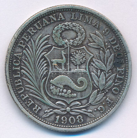Peru 1908. 1/2S Ag T:XF,VF patina Peru 1908. 1/2 Sol Ag C:XF,VF patina Krause KM#203
