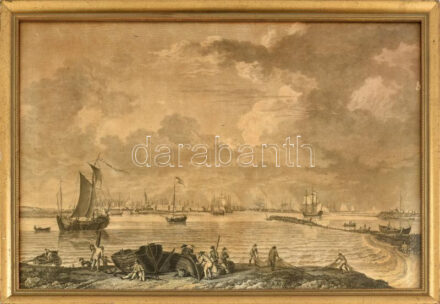 Vízparti jelenet. Rézmetszet, papír. Jelzés nélkül. Üvegezett fakeretben. Apró sérüléssel. 37x56 cm / engraving on paper, framed. with minor damage