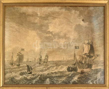 Vitorlások. Rézmetszet, papír. Jelzés nélkül. Üvegezett fakeretben. 37x56 cm / engraving on paper, framed.