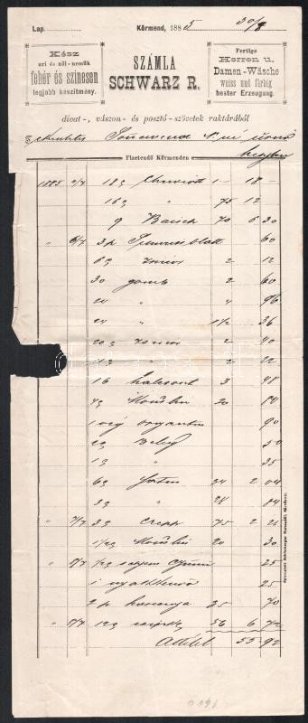 1885 Körmend, Schwarz R. úri és női nemük raktárának fejléces számlája