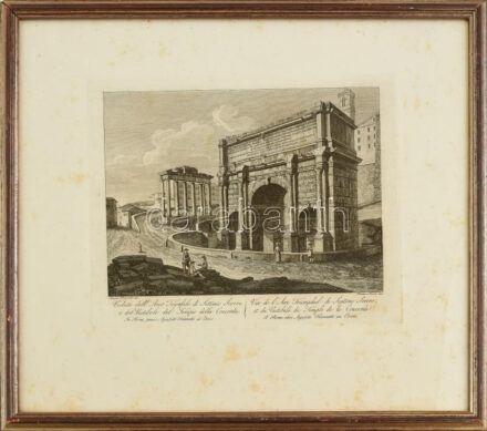 Simone Pomardi (1757-1830) után, François Morel (1768 k. - 1830 után): Septimius Severus diadalíve, Róma. Rézmetszet, papír, jelzett a metszeten. 1829 körül. Kissé foltos. Üvegezett fakeretben. 19,5x24 cm. /