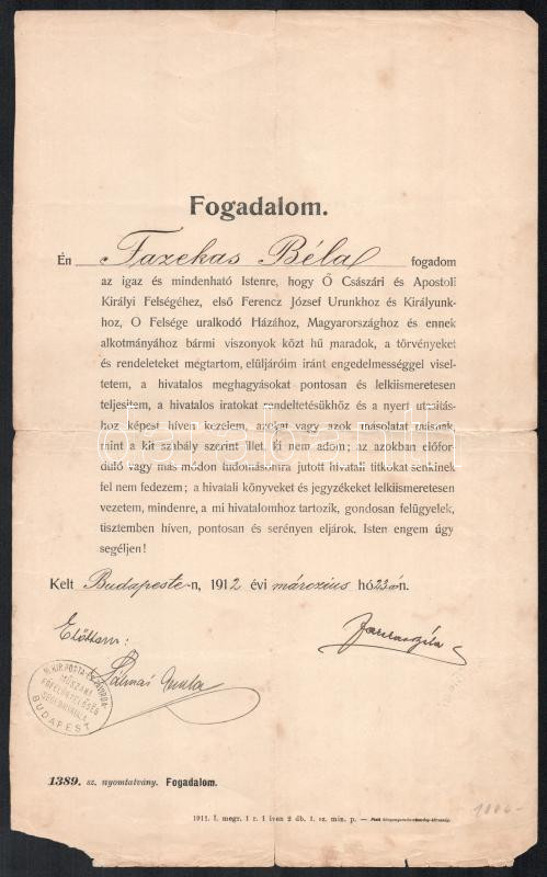 1912 Bp., Postahivatali nyomtatott fogadalom, aláírásokkal, pecséttel
