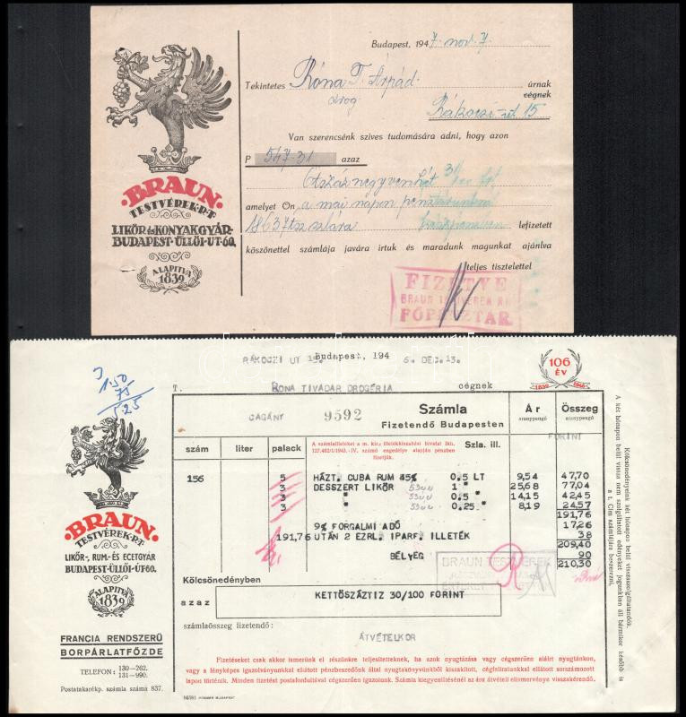 1946-1947 Braun Likőr- és Konyakgyár 2 db számlája