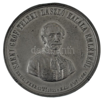 1861. 'Széki Gróf Teleki László halála emlékéül. Szül: Február 11-én 1811 - Máj. 8-kán 1861' kétoldalas Sn emlékérem (50mm) T:XF ph, kis ü.