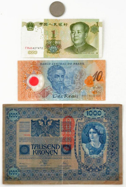 Ausztria 1919. (1902) 1000K, piros függőleges 'DEUTSCHÖSTERREICH' felülbélyegzéssel, mindkét oldala német + Brazília 2000. 10R + Kína 1999. 1Y + 2005. 1Y Cu-Ni T:F közte szép papír Austria 1919. (1902) 1000 Kronen, with red