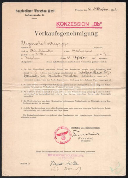 1941 Varsó, értékésítési engedély magyar vegyesboltt részére, német és lengyel nyelven, náci német és Ungarische Volksgruppe in Warschau Leiter bélyegzővel, 2 db magyar személy beazonosítandó aláírásával valamint 2 db az