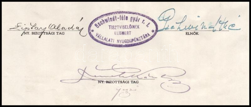 1941 Gschwindt-féle Szesz-, Élesztő-, Likőr- és Rumgyár R.t. nyugdíjpénztárának tagsági igazolványa, Gschwindtné autográf aláírásával, fejléces papíron, a nyugdíjpénztár bélyegzőjével. - Image 2