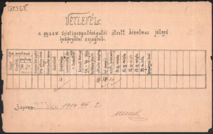 1890-1914 GYSEV vétlevél az üzletigazgatóságtól átvett bizalmas jellegű hadiforgalmi anyagról, 2 db okmány 1914. VIII.1 és 2. dátummal, az I. világháború kezdeti idejéből, Lajtaújfalu + 1890 GYSEV kötelezvény örháznál