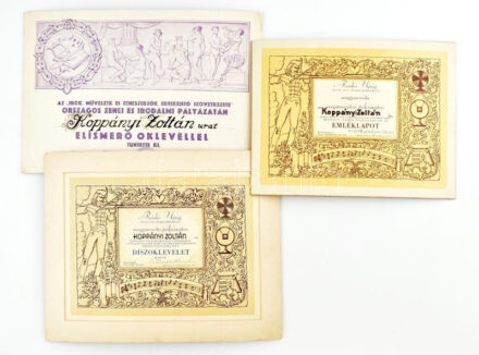 1932-1934-1935 Rádió Újság (1932,1935) és az 'Írók, Művészek, és Zeneszerzők Értékesító Szövetkezete' (1934) zenei pályázatain elért eredményekért járó díszoklevelek, 23x30 cm és 24x36 cm közötti méretben