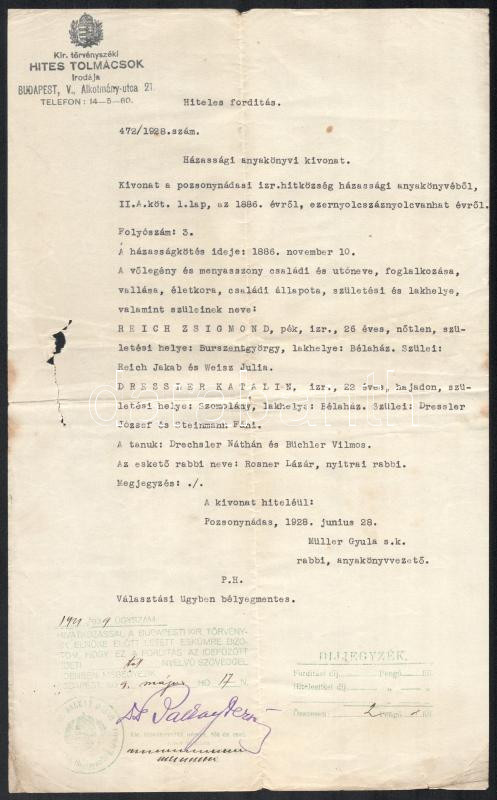 1933, 1939 Házassági anyakönyvi kivonat és hivatalos fordítása - Image 2