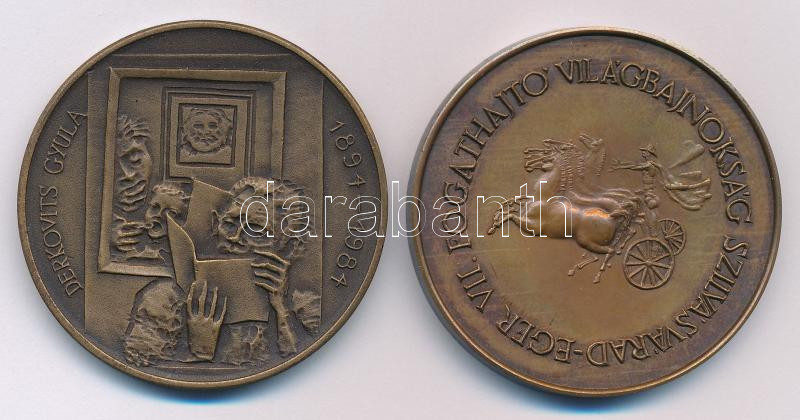 Kiss Sándor (1925-1999) 1984. 'Szombathelyi Képtárépítő Egyesület / Derkovits Gyula' kétoldalas bronz emlékérem (42,5mm) + Sebestyén Sándor (1949-2010) DN 'VII. Fogathajtó Világbajnokság Szilvásvárad - Eger' bronz emlékérem