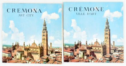 Cremona (Olaszország), 2 db idegenforgalmi ismertető füzet, angol és francia nyelvű, színes fotókkal illusztrálva, egy térkép-melléklettel