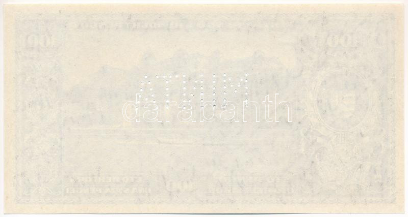 1926. 100P hátlapi fekte nyomat, 'MINTA' perforációval, makkos-tölgyleveles vízjellel T:UNC Adamo P16 - Image 2