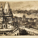 Olvashatatlan jelzéssel: Budapesti látkép a Halászbástyával. Rézkarc, papír, lapszéli sérüléssel, 8,5x11,5 cm