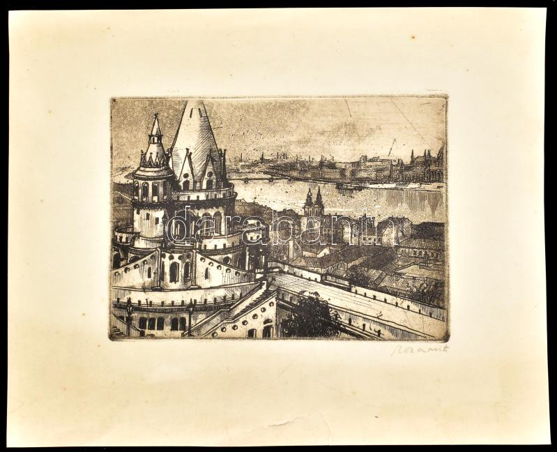 Olvashatatlan jelzéssel: Budapesti látkép a Halászbástyával. Rézkarc, papír, lapszéli sérüléssel, 8,5x11,5 cm - Image 2