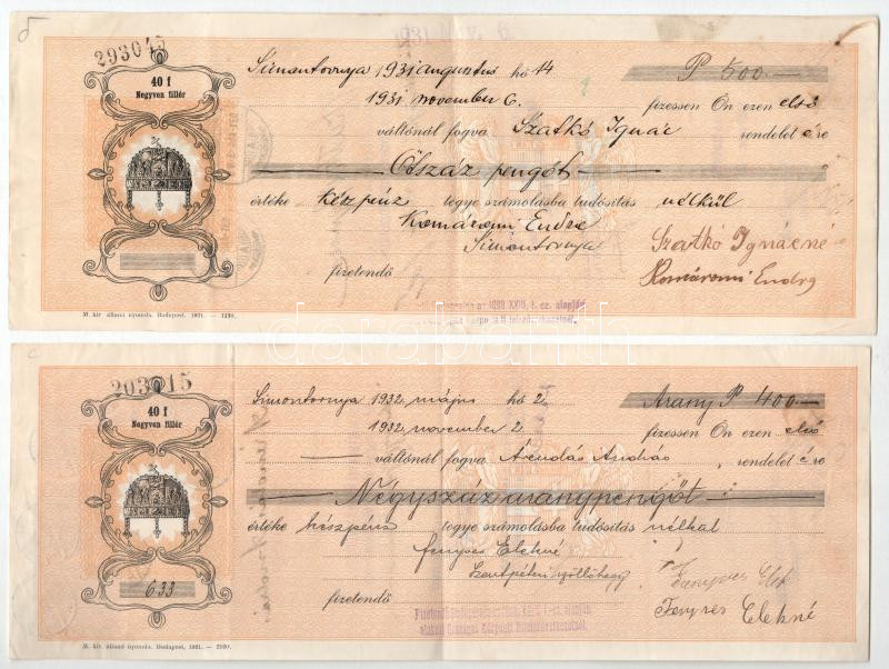 1922-1936. 7db-os váltó tétel, mind kitöltött, bélyegzésekkel néhány darabon illetékbélyegek T:F - Image 3