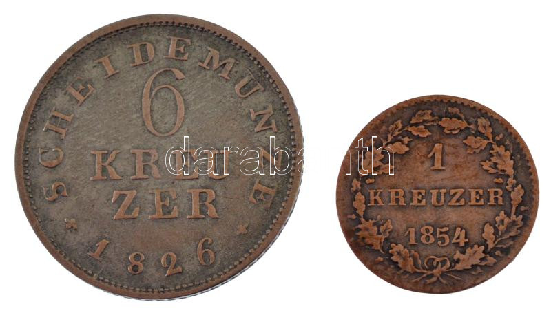 Német Államok / Hessen-Darmstadt 1826. 6kr Ag + 1854. 1kr Ag T:XF,VF German States / Hessen Darmstadt 1826. 6 Kreuzer Ag + 1854. 1 Kreuzer Ag C:XF,VF - Image 2
