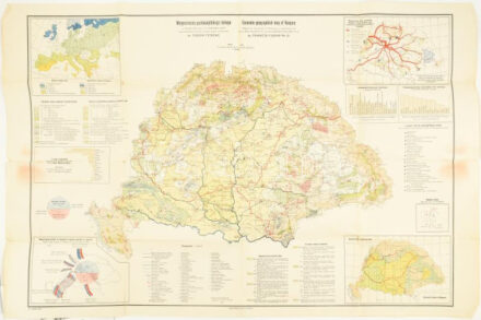1927 Magyarország gazdaságföldrajzi térképe. Dr. Teleki Pál gróf és dr. Cholnoky Jenő közreműködésével szerk.: dr. Fodor Ferenc. 1 : 1.500.000, Bp., Magyar Földrajzi Intézet Rt., III. kiadás. Gazdasági adatokkal, statisztikákkal,